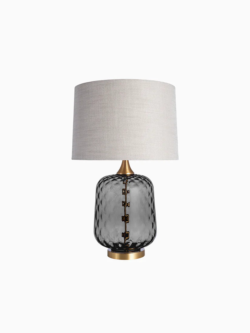 Textured Glass, Table Lamp with Gray Base and Fabric Drum Shade