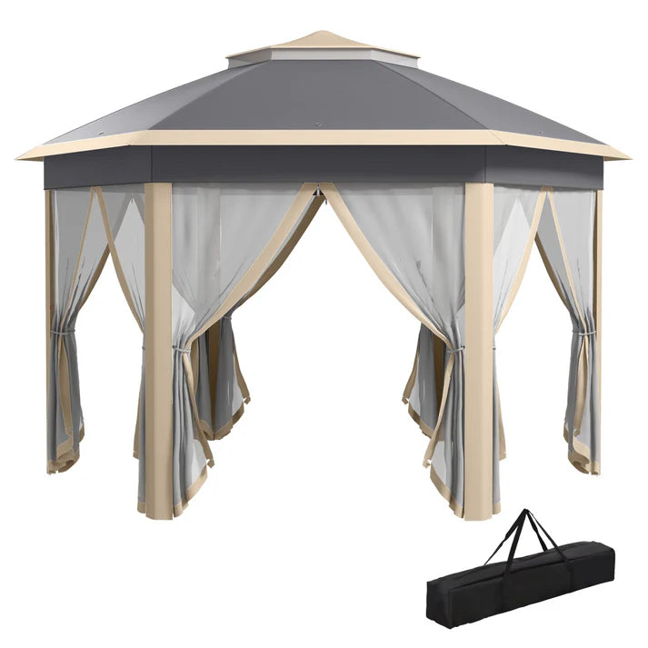 Hexagon Pop-Up Gazebo with Mesh Curtains and Carry Bag, 13 ft x 11 ft