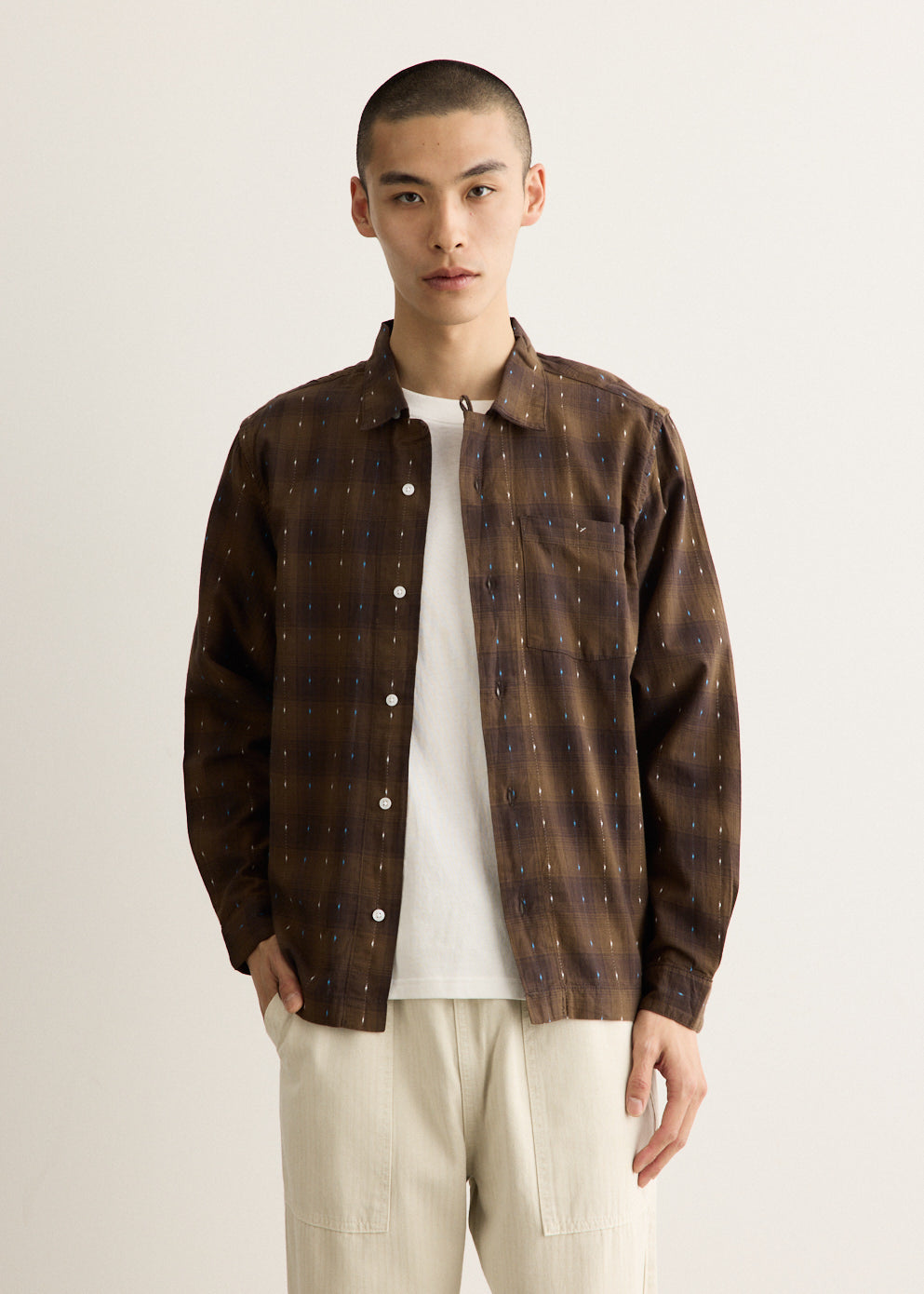 Short-Sleeve Organic Cotton Shirt with Resort Collar and Tonal Embroidery