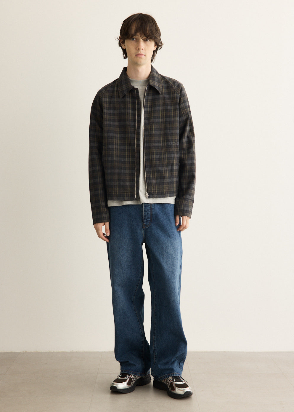 Charcoal Gray Checked Wool Blend Blouson with Raglan Sleeves and Two-Way Zipper