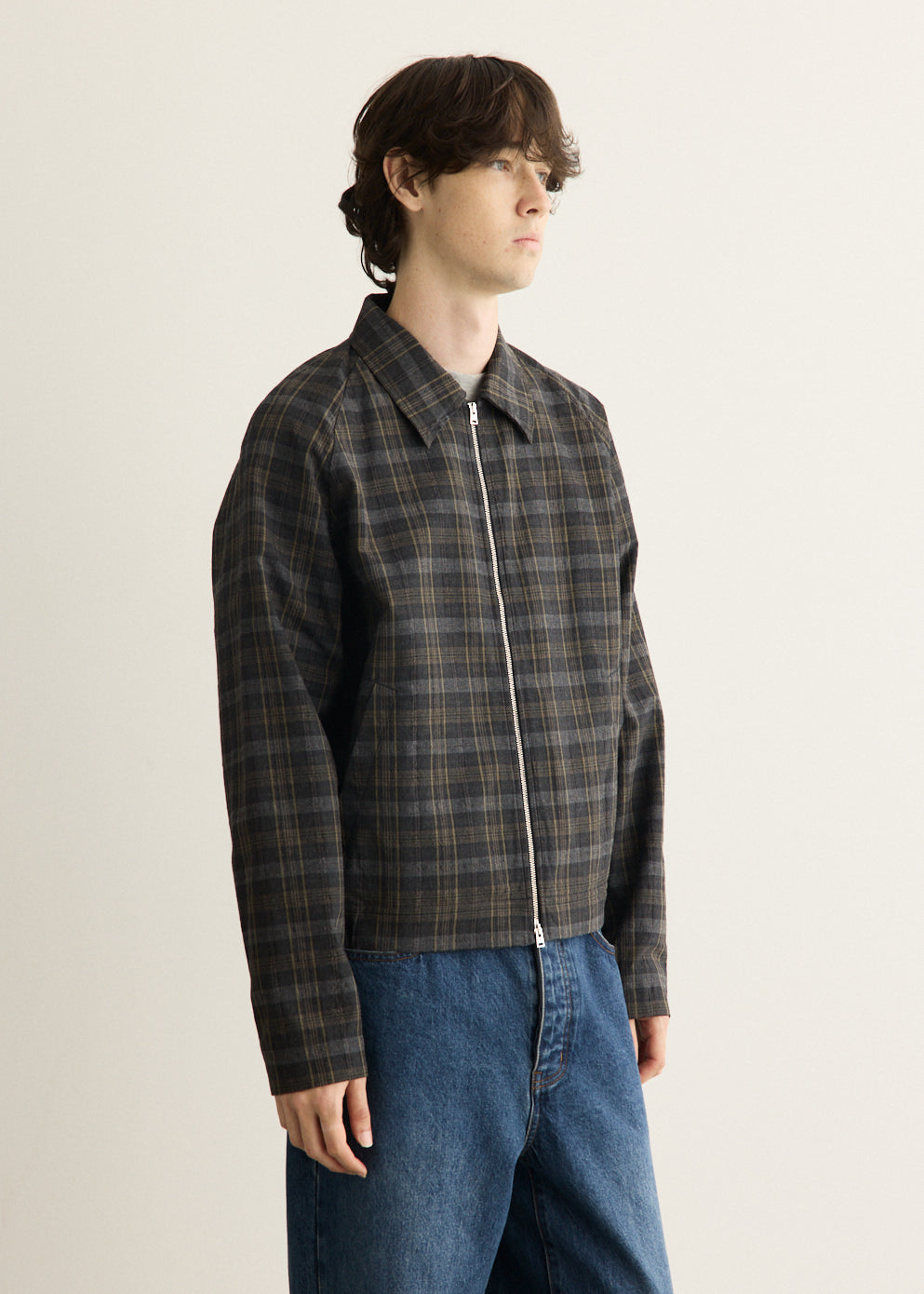 Charcoal Gray Checked Wool Blend Blouson with Raglan Sleeves and Two-Way Zipper