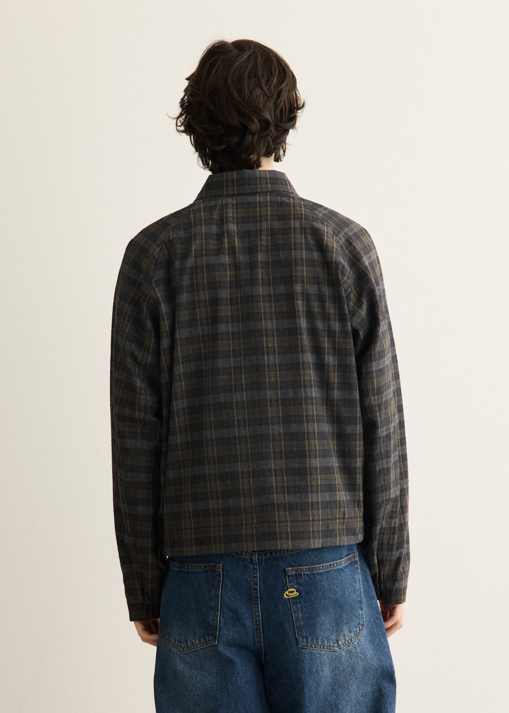 Charcoal Gray Checked Wool Blend Blouson with Raglan Sleeves and Two-Way Zipper