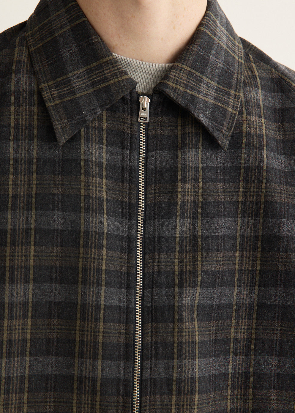 Charcoal Gray Checked Wool Blend Blouson with Raglan Sleeves and Two-Way Zipper