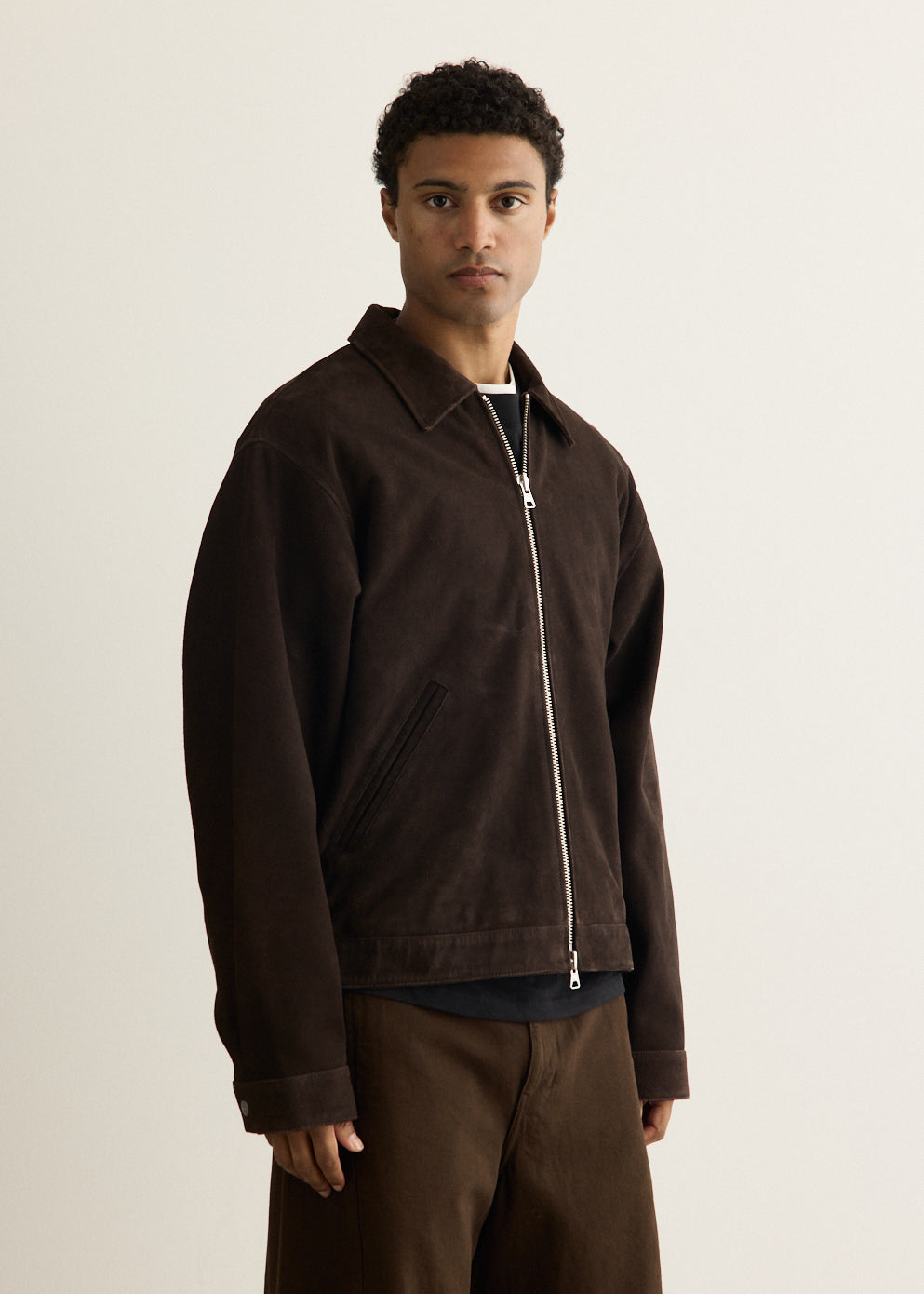 Goat Suede Motorcycle Jacket with Two-Way Zipper and Long Sleeves