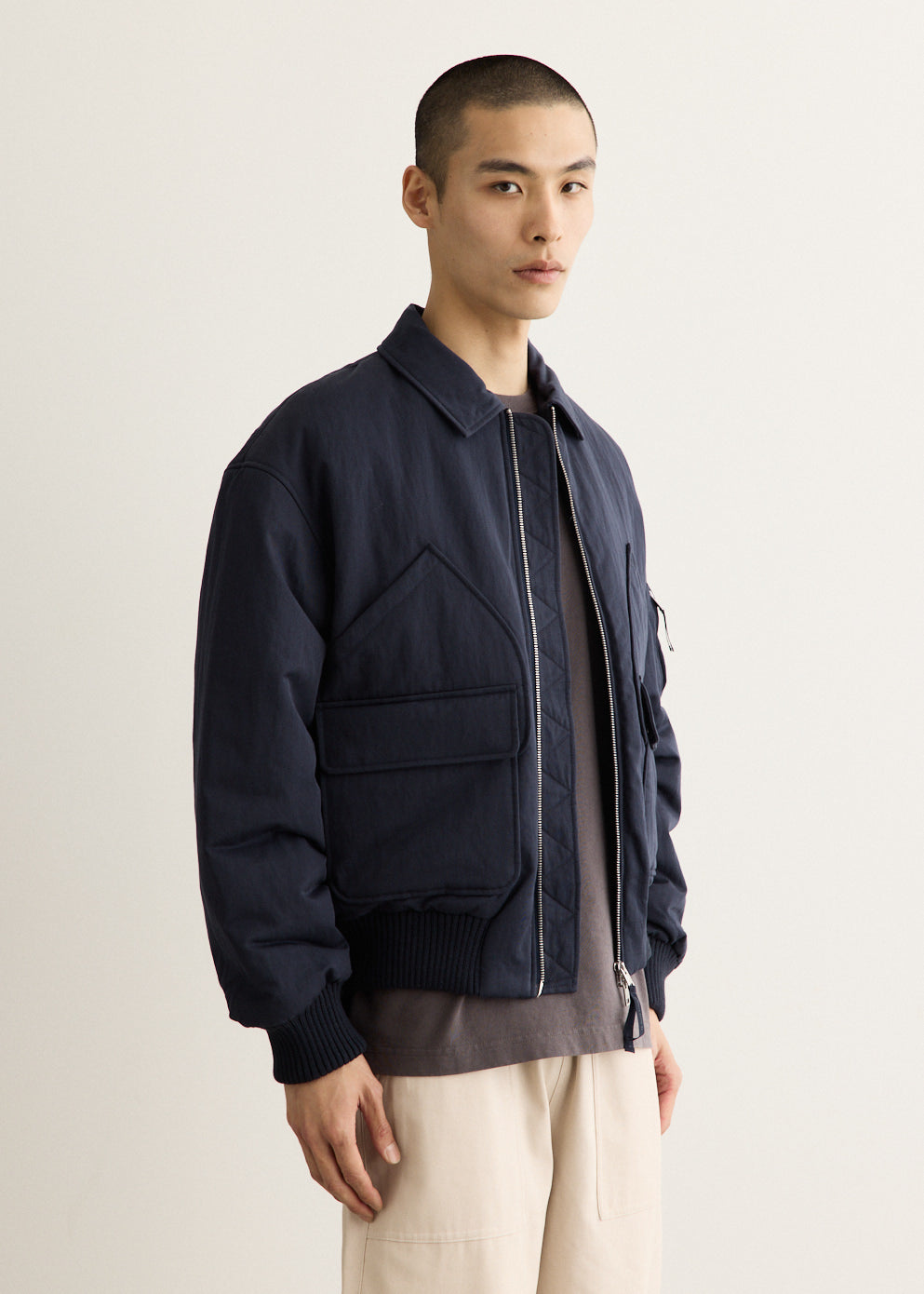 Cotton Nylon Twill Bomber Jacket with Zip Closure and Multiple Pockets