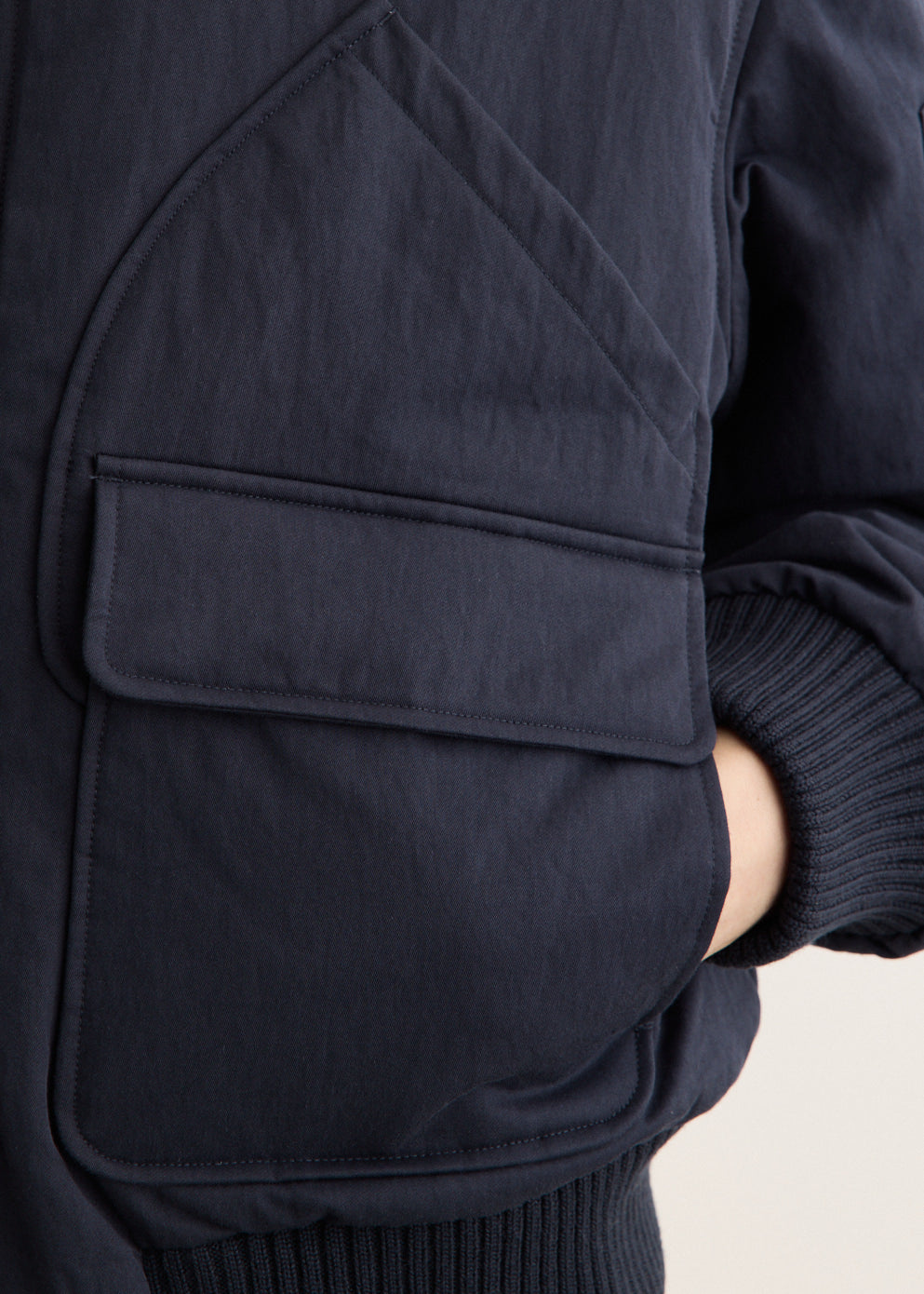 Cotton Nylon Twill Bomber Jacket with Zip Closure and Multiple Pockets