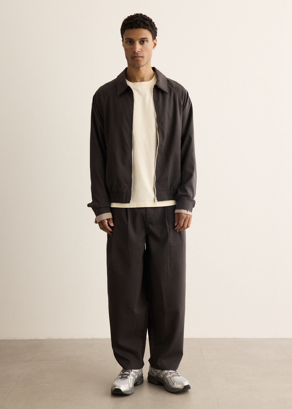 Charcoal Check Wide Leg Pants with Front Pleats and Zip Fly