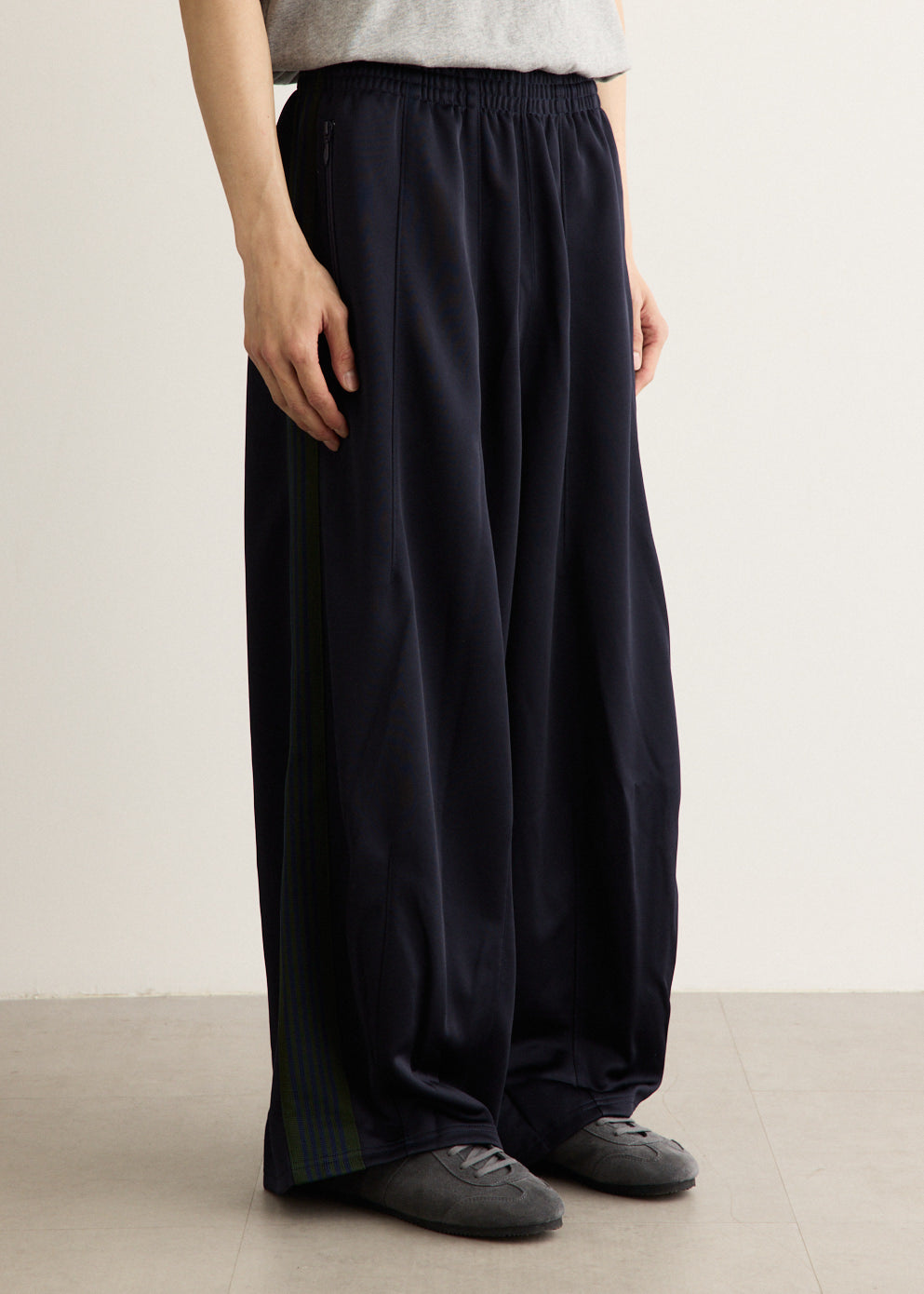 Ultra-Wide Leg Track Pants with Rayon Stripes and Zippered Pockets