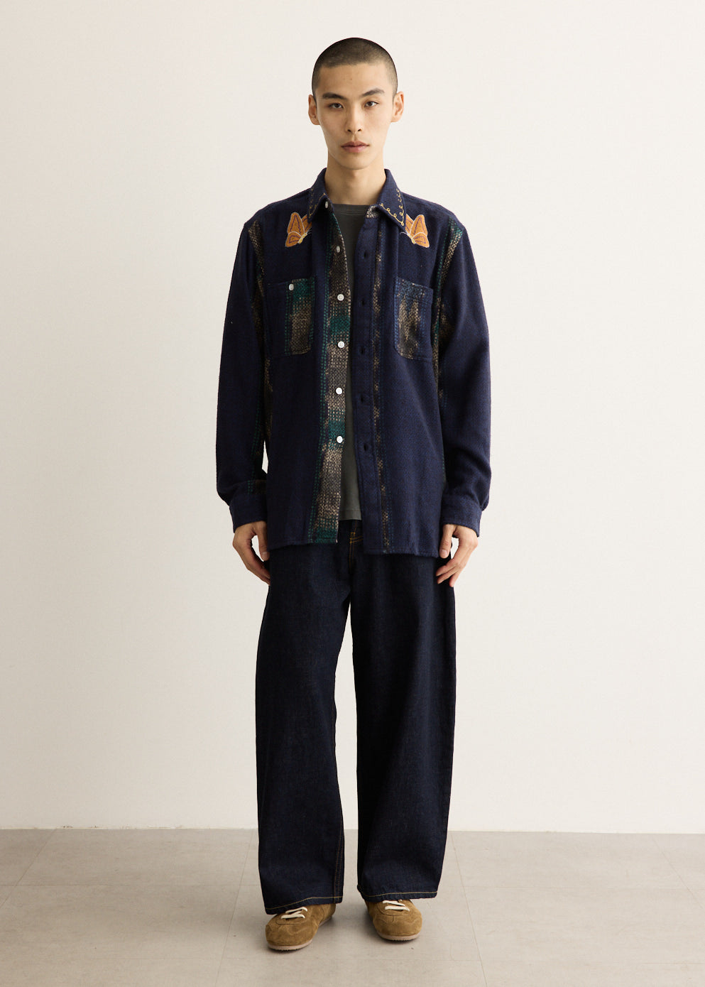 Cotton Work Shirt with Ikat Basket-Weave Fabric and Embroidered Papillon Details