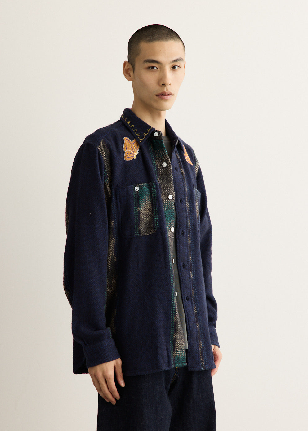 Cotton Work Shirt with Ikat Basket-Weave Fabric and Embroidered Papillon Details