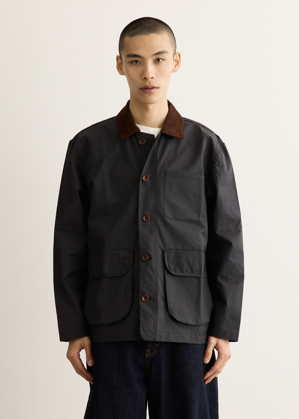 Waxed Cotton Canvas Jacket with Corduroy Collar and Two-Way Zipper