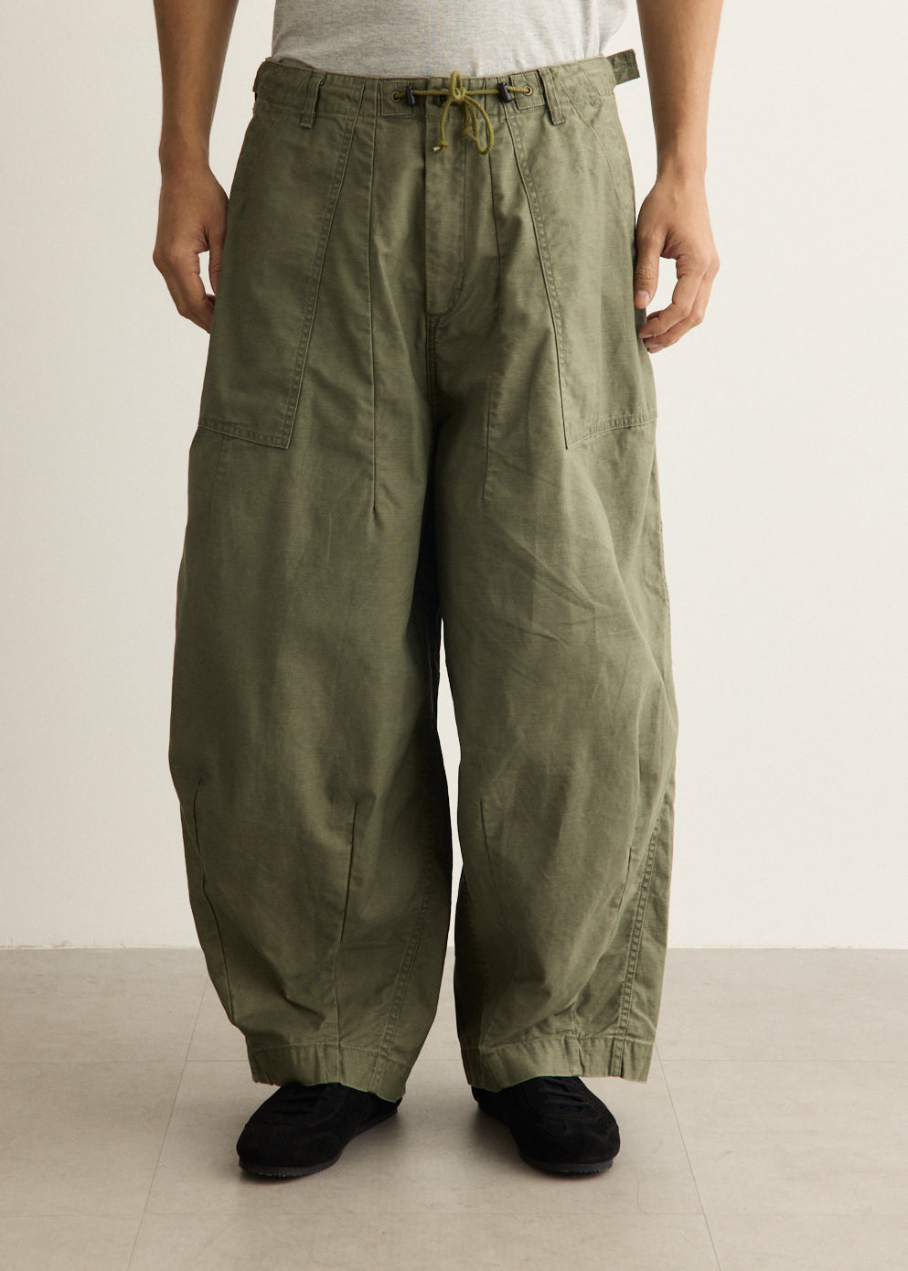 Wide-Leg Cotton Drill Pants with Drawstring Waistband and Oversized Patch Pockets