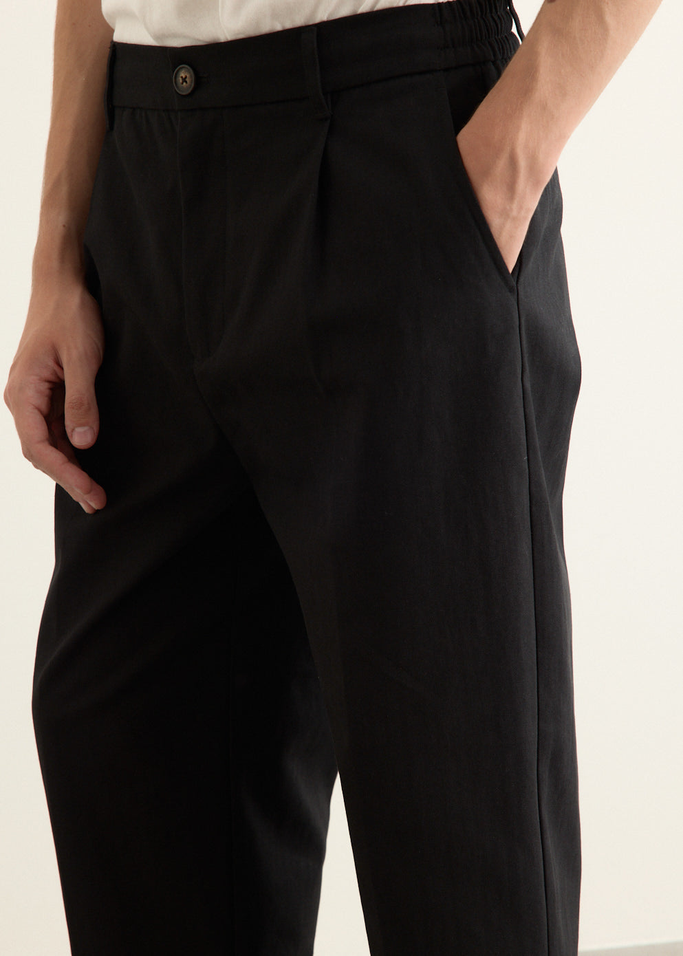 Tapered Leg Cotton Twill Pant with Mid Rise and Elasticated Waistband