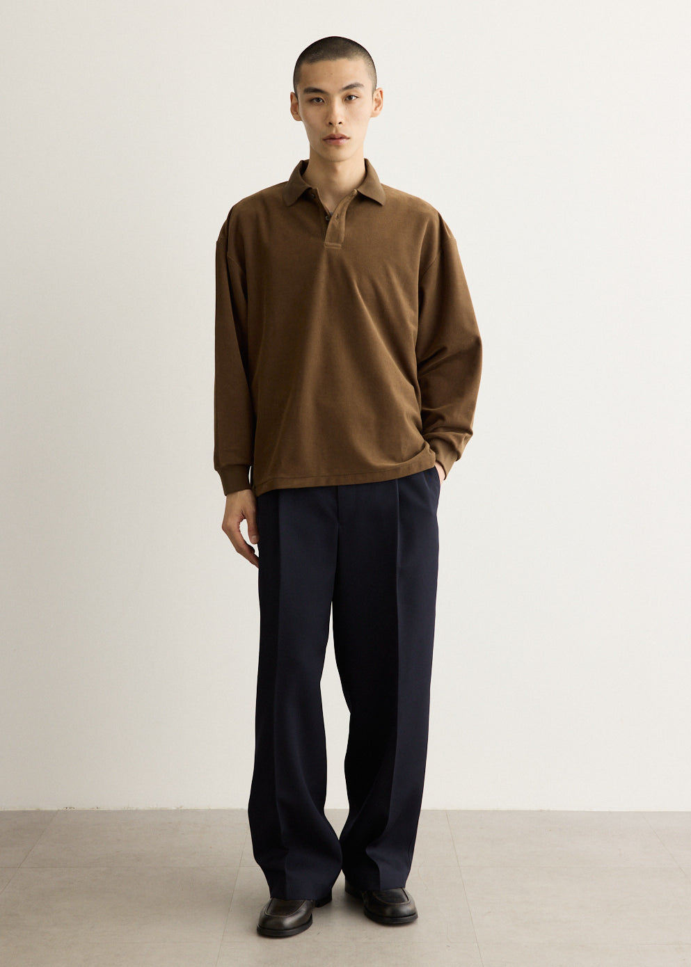 Long Sleeve Polo Shirt with Textured Pique Velour Fabric and Ribbed Cuffs