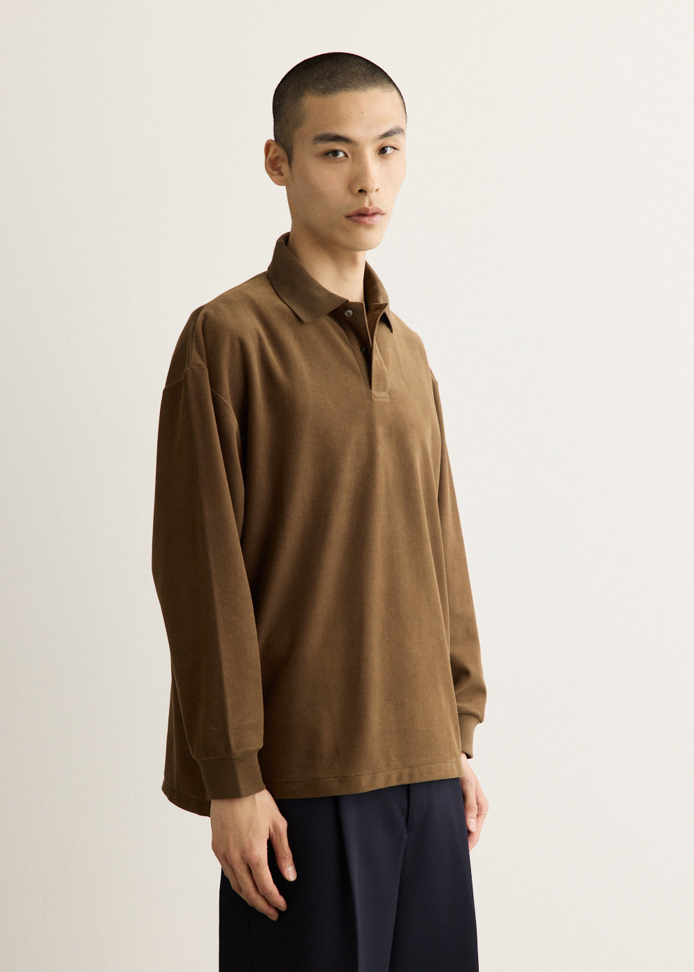 Long Sleeve Polo Shirt with Textured Pique Velour Fabric and Ribbed Cuffs