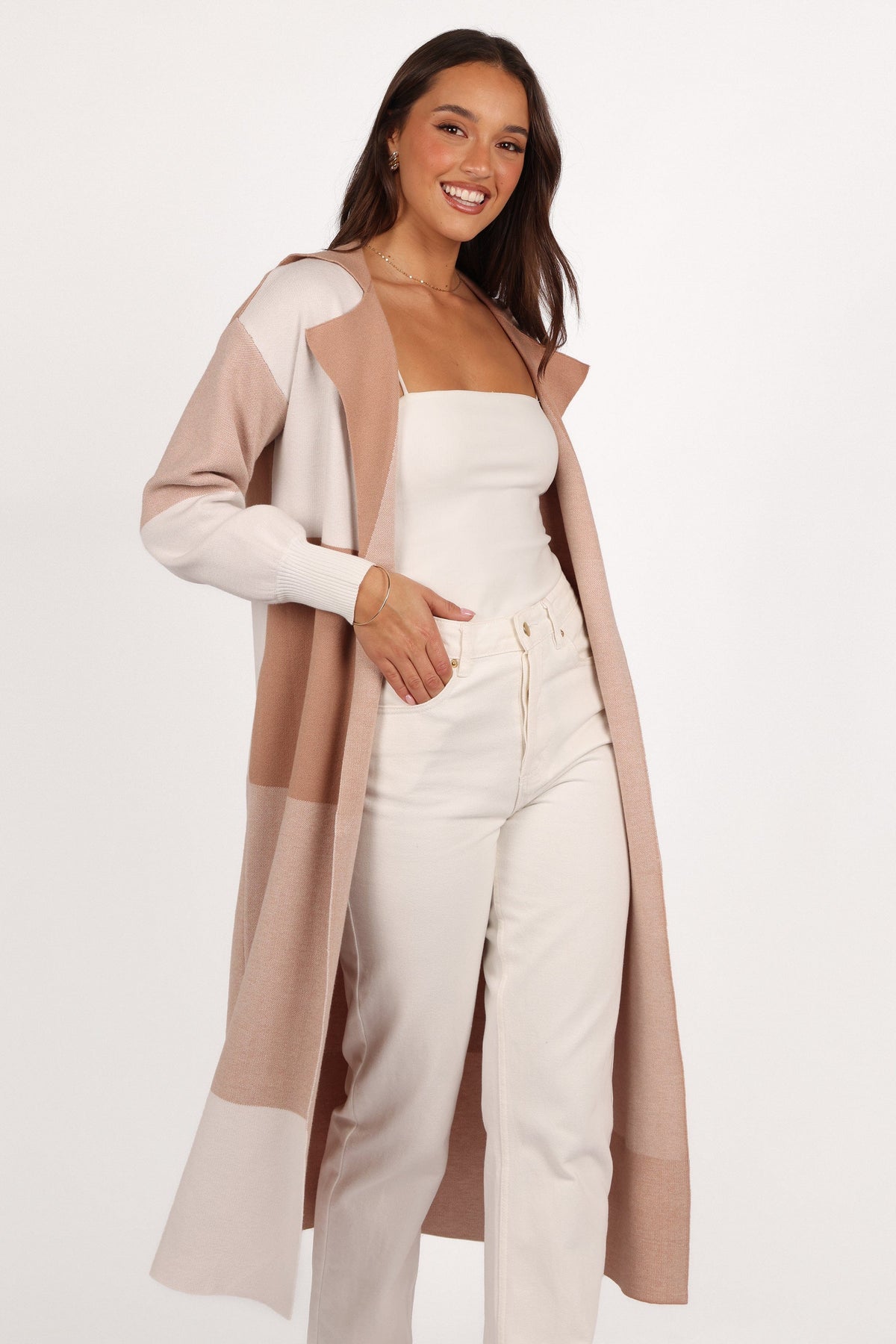 Petal and Pup USA KNITWEAR Kingston Large Check Long Cardigan - Beige Check