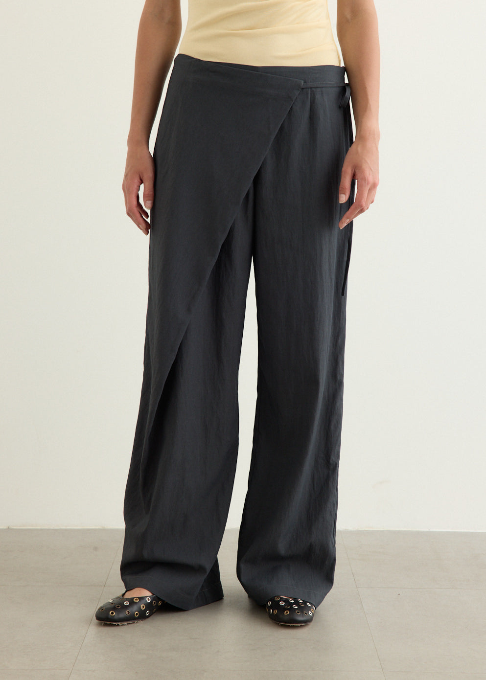 Wide Leg Wrap Pants with Textured Nylon Blend and Extended Pleat Detail