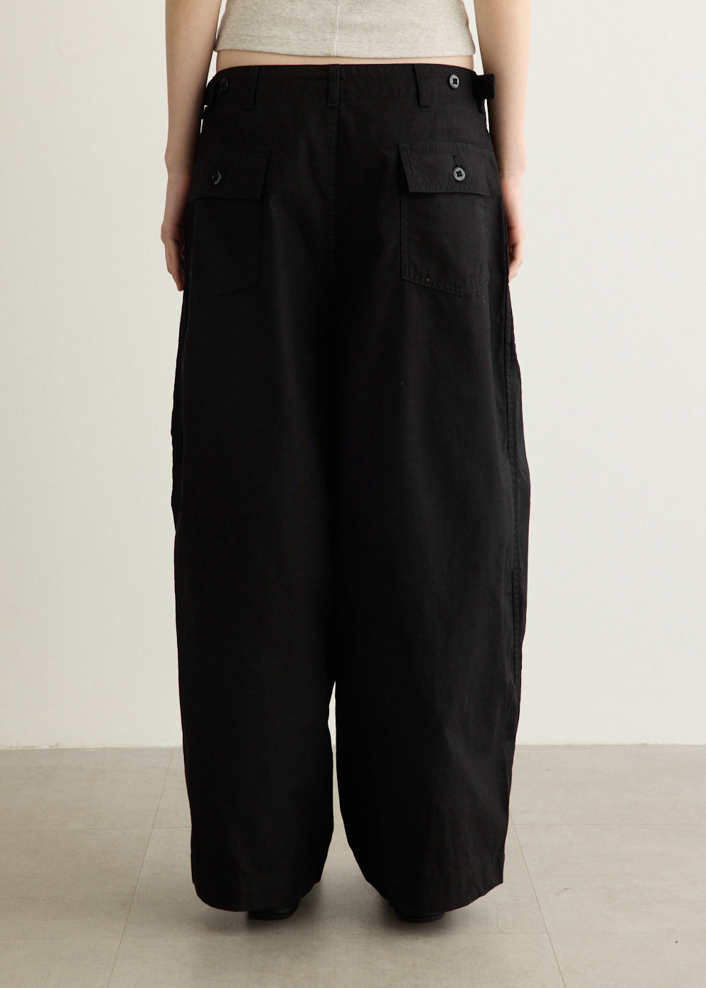 Wide Leg Cotton Drill Pants with Drawstring Waistband and Oversized Patch Pockets