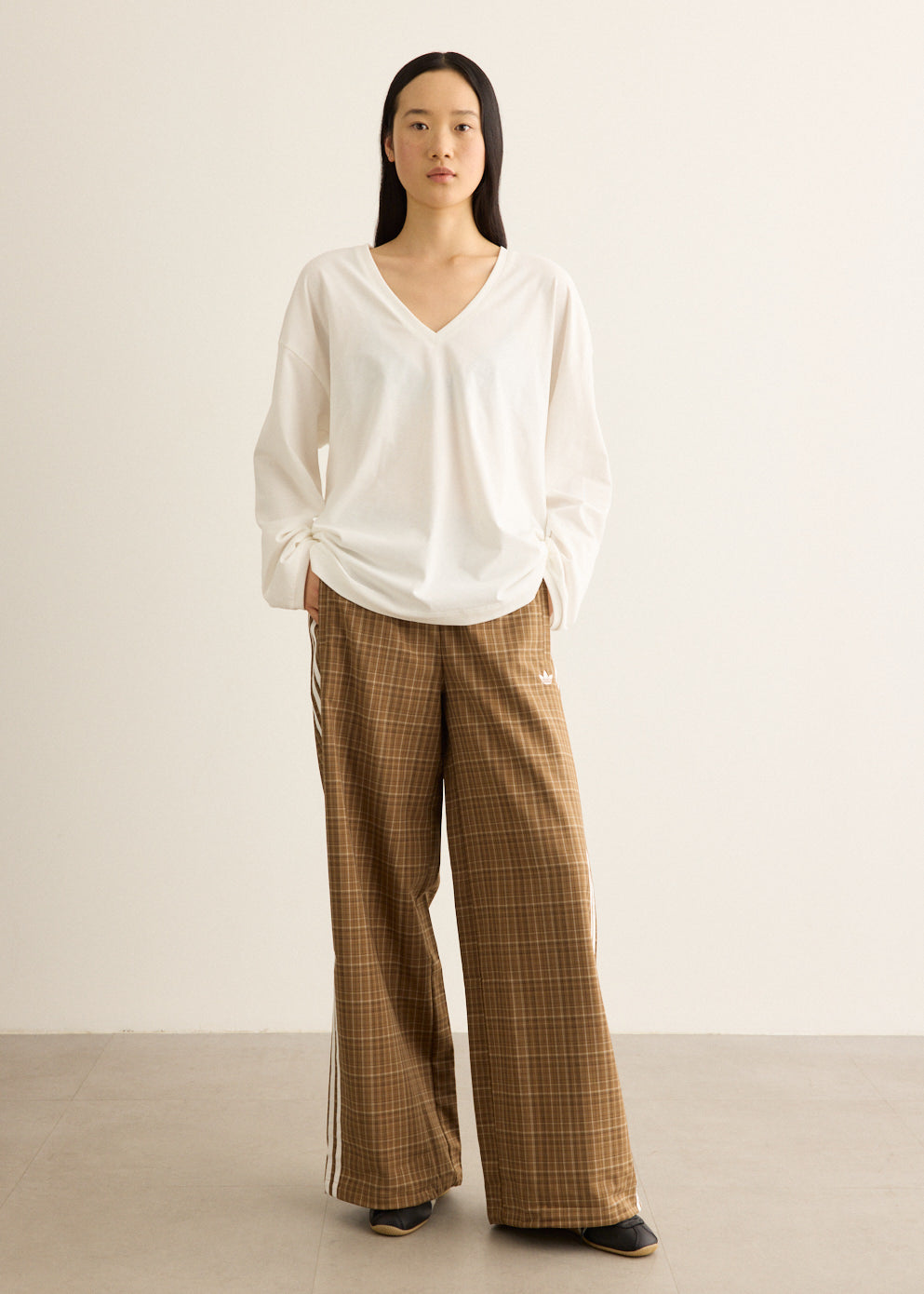 Loose Fit Track Pants with Check Pattern and Adjustable Leg Bungees