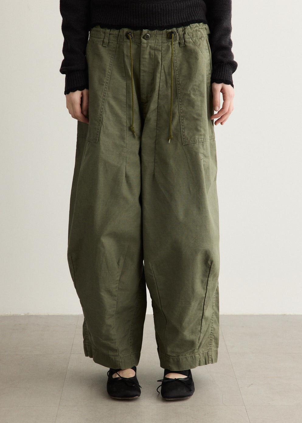 Wide Leg Cotton Pants with Drawstring Waistband and Patch Pockets