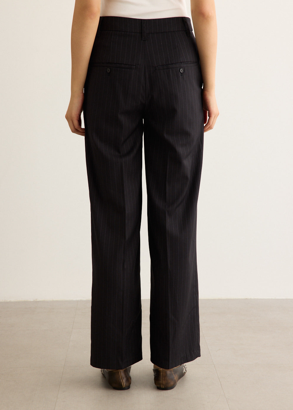 Wide-Leg Pinstripe Trousers with Convertible Button Waist and Button-Fly Closure